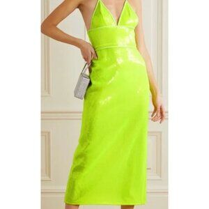 NWT David Koma Neon Sequined Tulle Halterneck Midi Dress Yellow-sz US 2